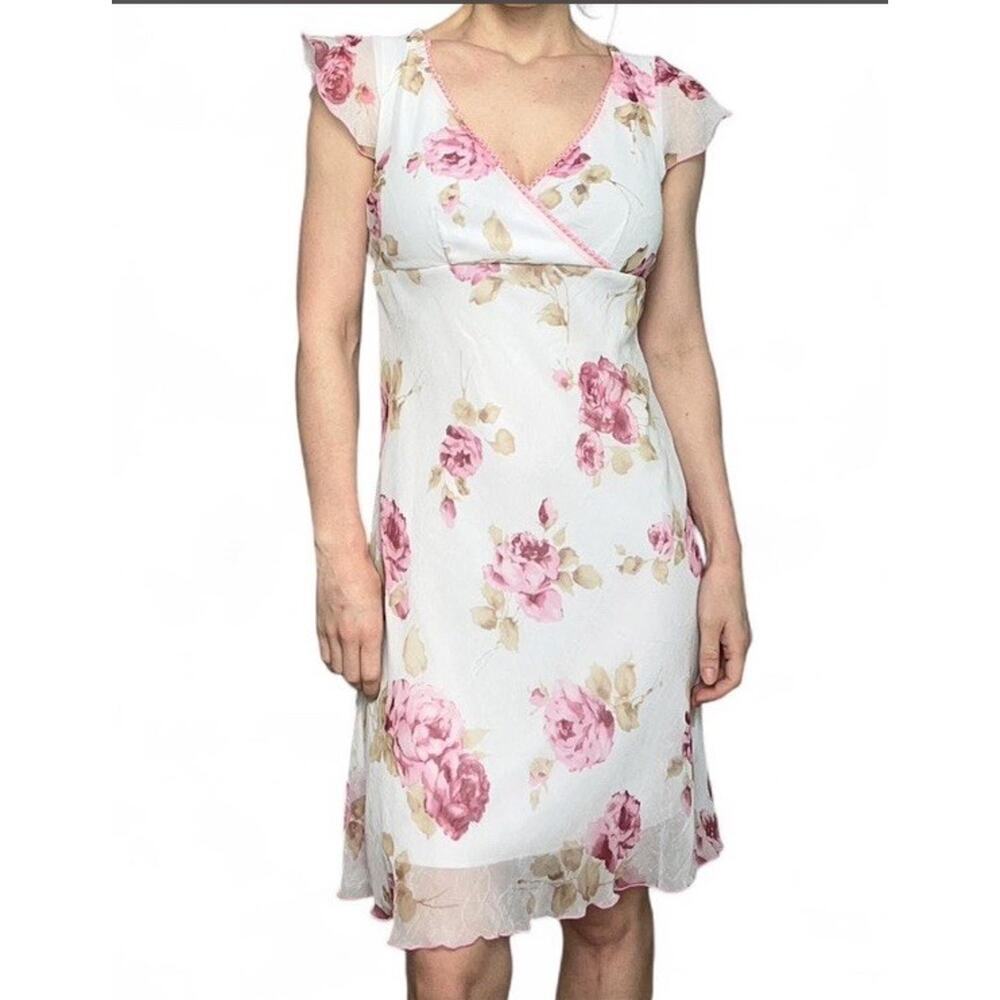 Vintage Y2K City Triangles White & Pink Floral Midi Dress Ruffles Size 7 NWT